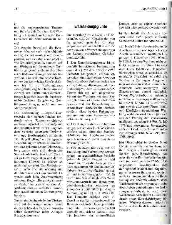 Vorschauseite 4: Apothekenwerbung mit Beratung ist unsere Stärke OLG Hamm, Urteil vom 6. September 2001