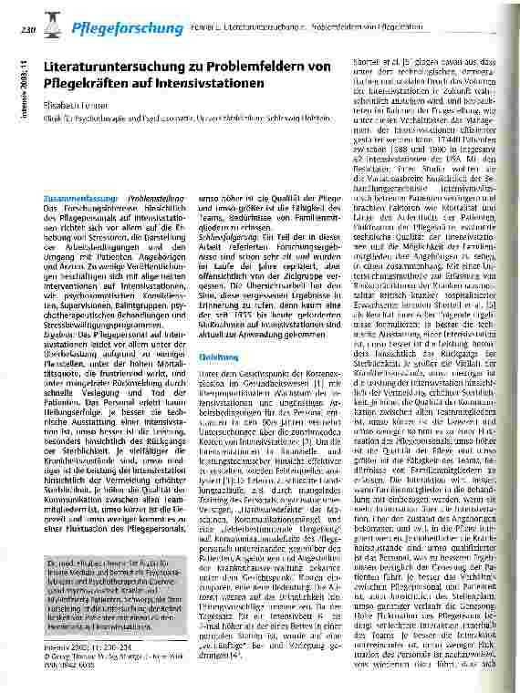 Vorschauseite 1: Literaturuntersuchung zu Problemfeldern von Pflegekräften auf Intensivstationen