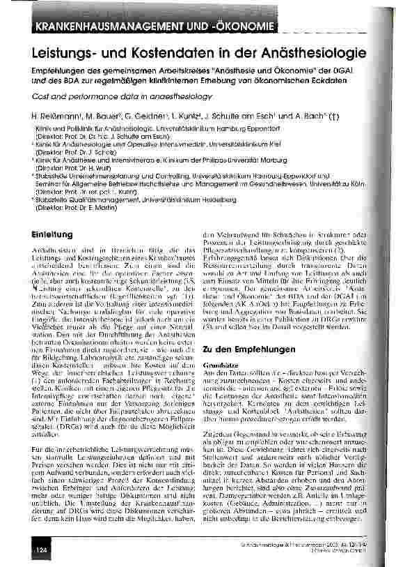Vorschauseite 1: Leistungsund Kostendaten in der Anästhesiologie