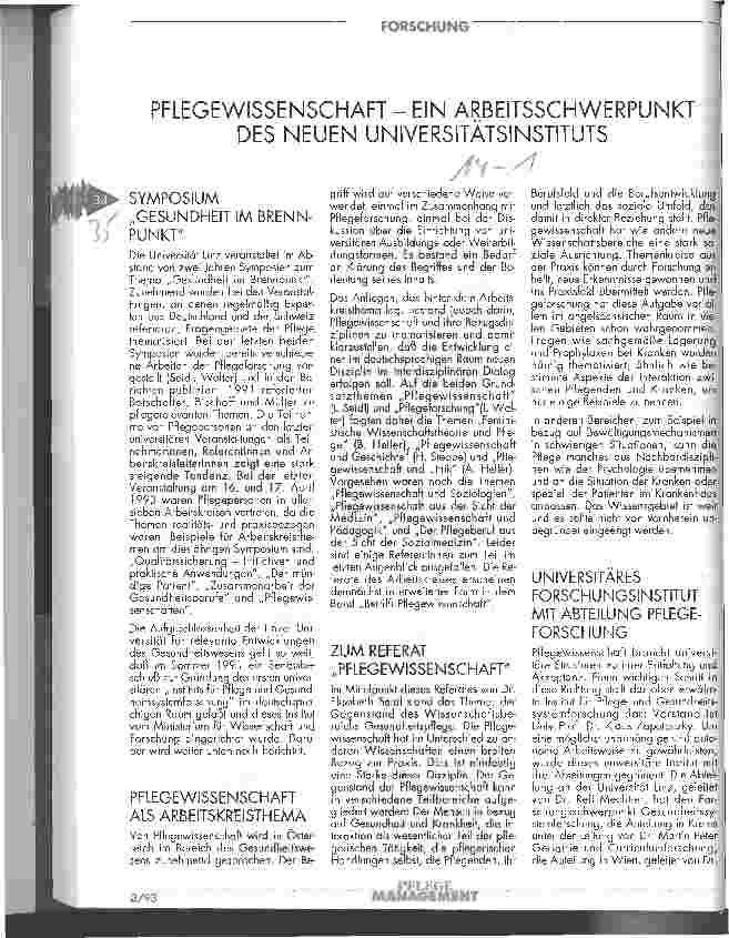 Vorschauseite 1: Pflegewissenschaft - ein Arbeitsschwerpunkt des neuen Universitätsinstituts (P)