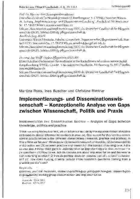 Vorschauseite 1: Implementierungsund Disseminationswis-senschaft - Konzeptionelle Analyse von Gaps zwischen Wissenschaft, Politik und Praxis