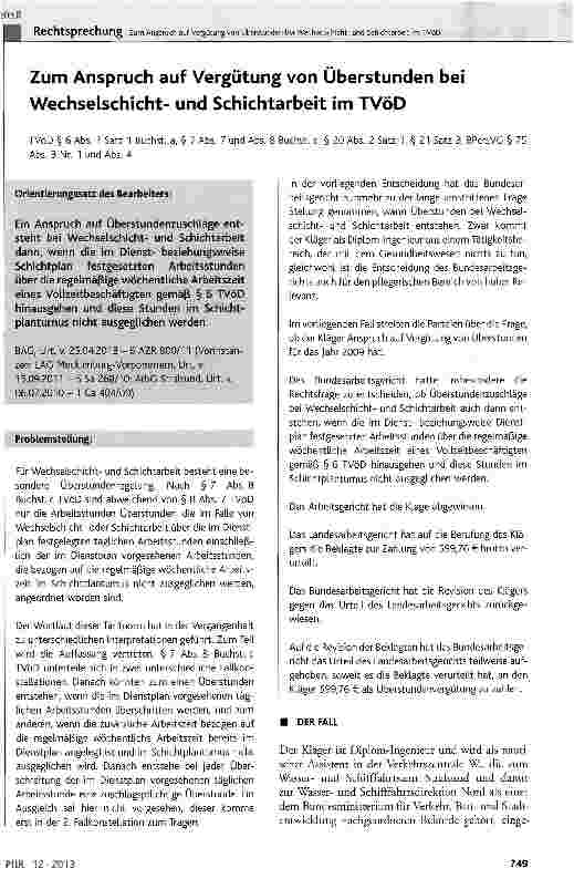 Vorschauseite 1: Zum Anspruch auf Vergütung von Überstunden bei Wechselschichtund Schichtarbeit im TVöD