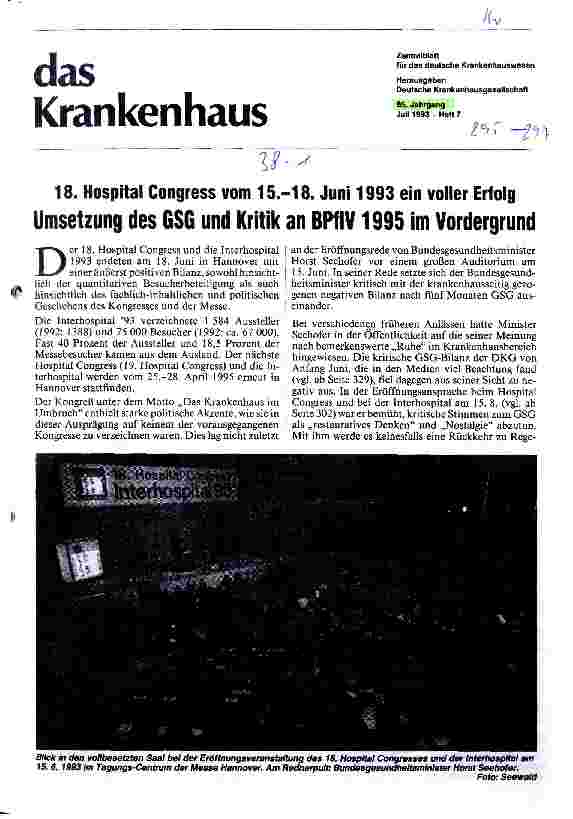 Vorschauseite 1: 18. Hospital Congress vom 15. -18. Juni 93 ein voller Erfolg Umsethung des GSG und Kritik an BPflV 1995 im Vordergrund