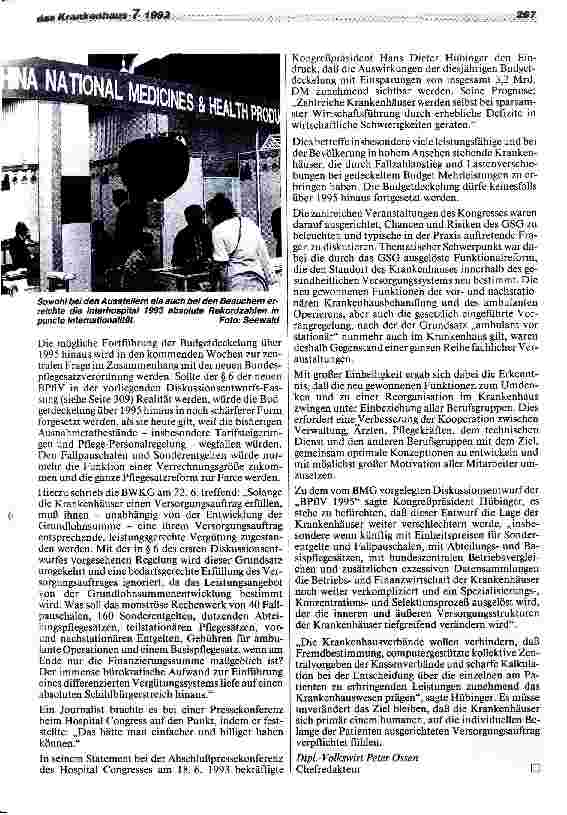 Vorschauseite 3: 18. Hospital Congress vom 15. -18. Juni 93 ein voller Erfolg Umsethung des GSG und Kritik an BPflV 1995 im Vordergrund