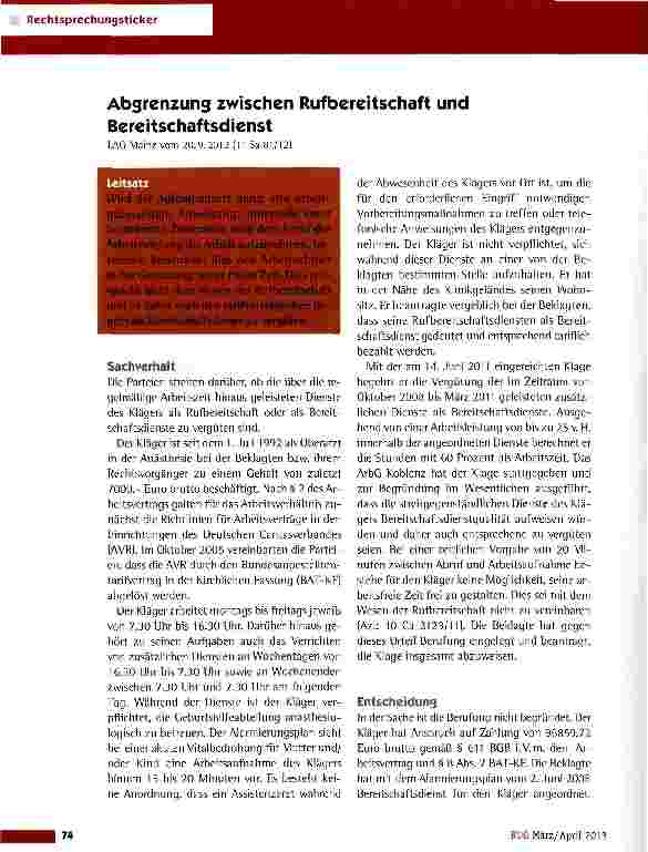 Vorschauseite 1: Abgrenzung zwischen Rufbereitschaft und Bereitschaftsdienst LAG Mainz vom 20.9.2012 (11 Sa 81/12)