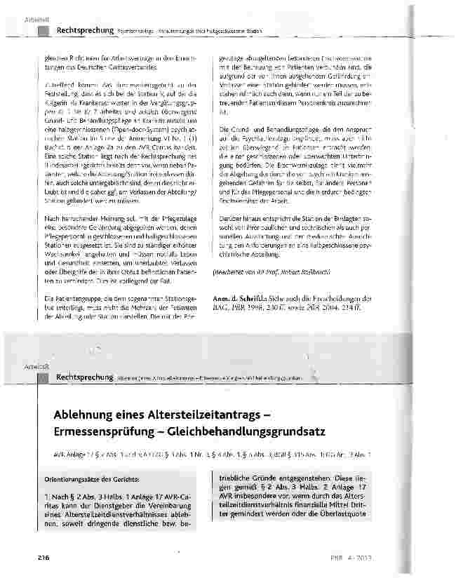 Vorschauseite 1: Ablehnung eines Altersteiizeitantrags -Ermessensprüfung - GleichbehandlungsgrundsatzAVRAnlage17§ 2 Abs. 1 und3;AltTZG§ 3 Abs. 1 Nr. 3, § 4Abs. 1,§ 5Abs. 3;BGB§ 315Abs. 1;GGArt 3 A…