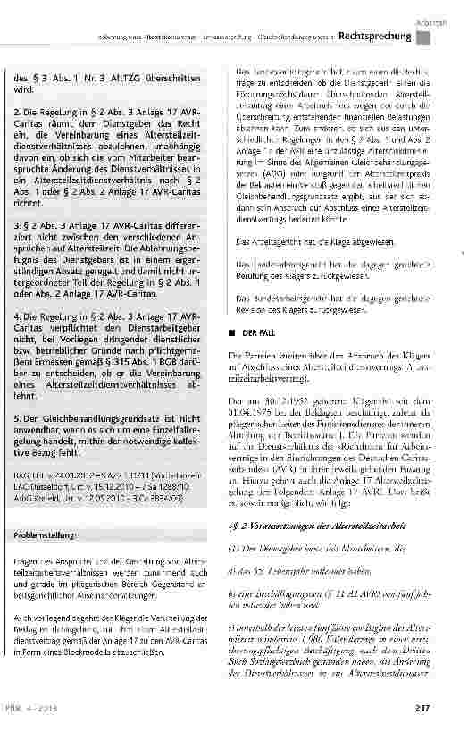 Vorschauseite 2: Ablehnung eines Altersteiizeitantrags -Ermessensprüfung - GleichbehandlungsgrundsatzAVRAnlage17§ 2 Abs. 1 und3;AltTZG§ 3 Abs. 1 Nr. 3, § 4Abs. 1,§ 5Abs. 3;BGB§ 315Abs. 1;GGArt 3 A…