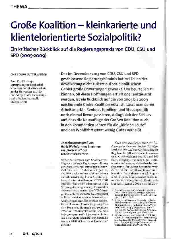 Vorschauseite 1: Große Koalition - kleinkarierte und klientelorientierte Sozialpolitik?