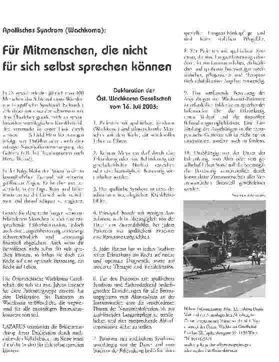 Vorschauseite 1: Für Mitmenschen, die nicht für sich selbst sprechen können Apallisches Syndrom (Wachkoma)