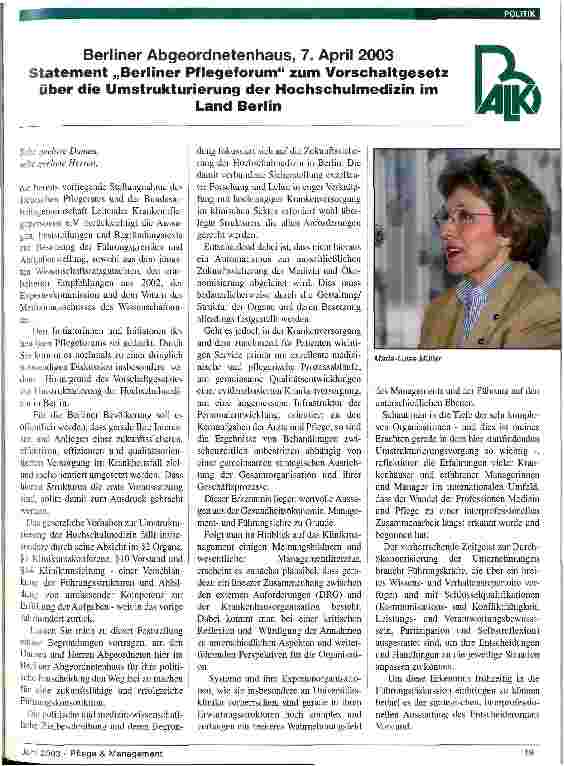 Vorschauseite 1: Berliner Abgeordnetenhaus, 7. April 2003 Statement Berliner Pflegeforum zum Vorschaltgesetz über die Umstrukturierung der Hochschulmedizin im Land Berlin
