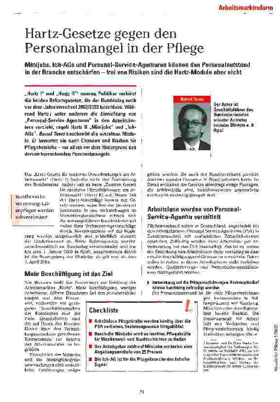 Vorschauseite 1: Hartz-Gesetze gegen den Personalmangel in der Pflege