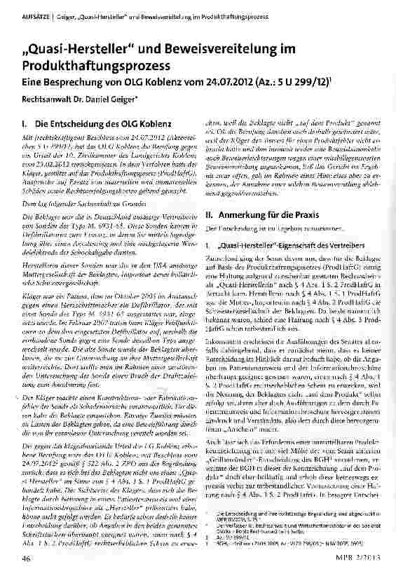 Vorschauseite 1: „Quasi-Hersteller und Beweisvereitelung im ProdukthaftungsprozessEine Besprechung von OLG Koblenz vom 24.07.2012 (Az.: 5 U 299/12)