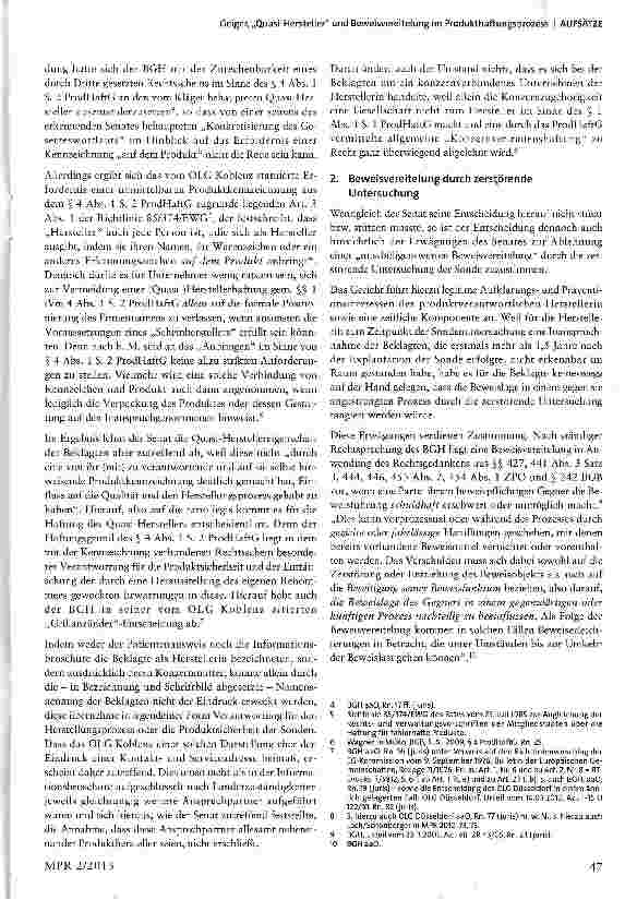 Vorschauseite 2: „Quasi-Hersteller und Beweisvereitelung im ProdukthaftungsprozessEine Besprechung von OLG Koblenz vom 24.07.2012 (Az.: 5 U 299/12)