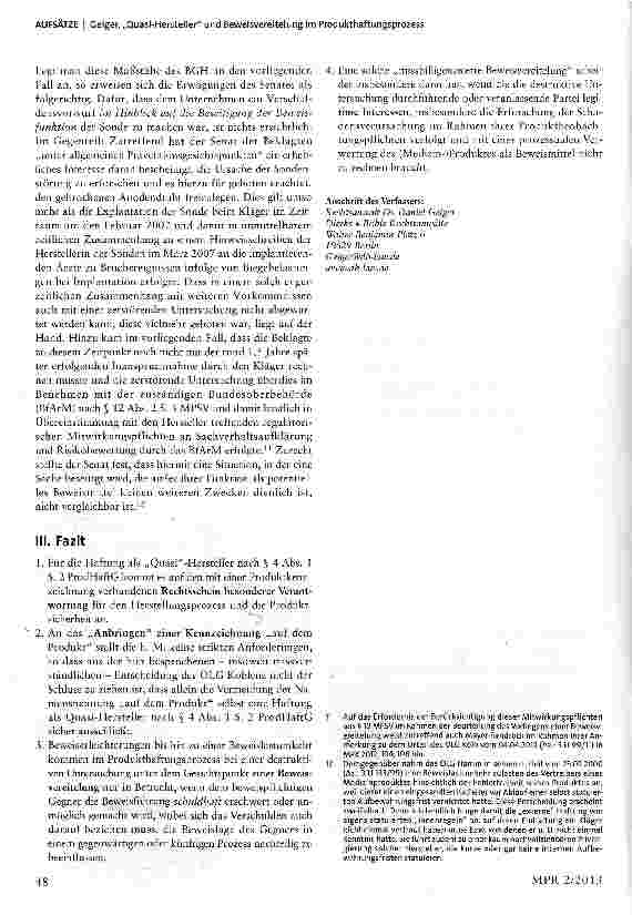 Vorschauseite 3: „Quasi-Hersteller und Beweisvereitelung im ProdukthaftungsprozessEine Besprechung von OLG Koblenz vom 24.07.2012 (Az.: 5 U 299/12)