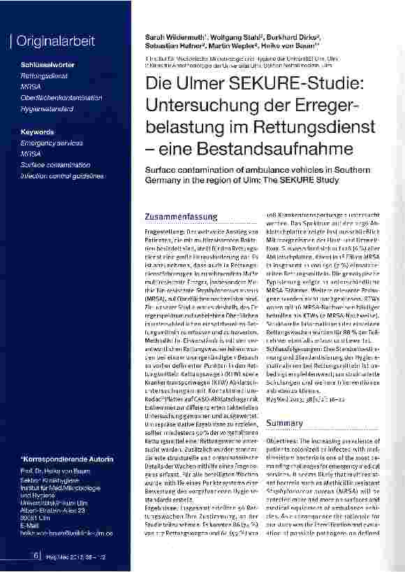 Vorschauseite 1: Die Ulmer SEKURE-Studie: Untersuchung der Erregerbelastung im Rettungsdienst - eine Bestandsaufnahme