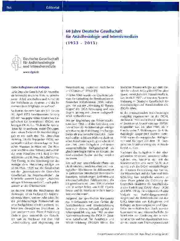 Vorschauseite 1: 60 Jahre Deutsche Gesellschaft für Anästhesiologie und Intensivmedizin (1953 - 2013)
