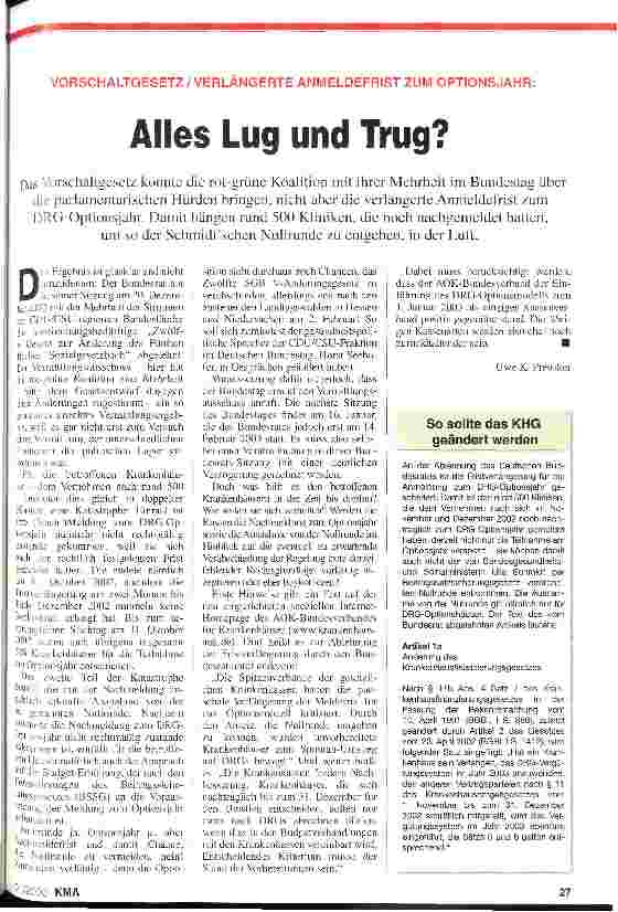 Vorschauseite 1: Alles Lug und Trug? Vorschaltgesetz / Verlängerte Anmeldefrist zum Optionsjahr
