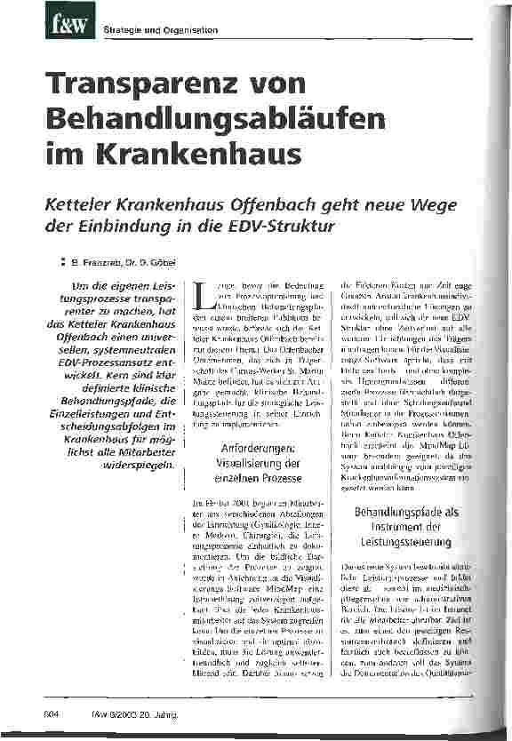 Vorschauseite 1: Transparenz von Behandlungsabläufen Ketteler Krankenhaus Offenbach geht neue Wege der Einbindung in die EDV-Struktur