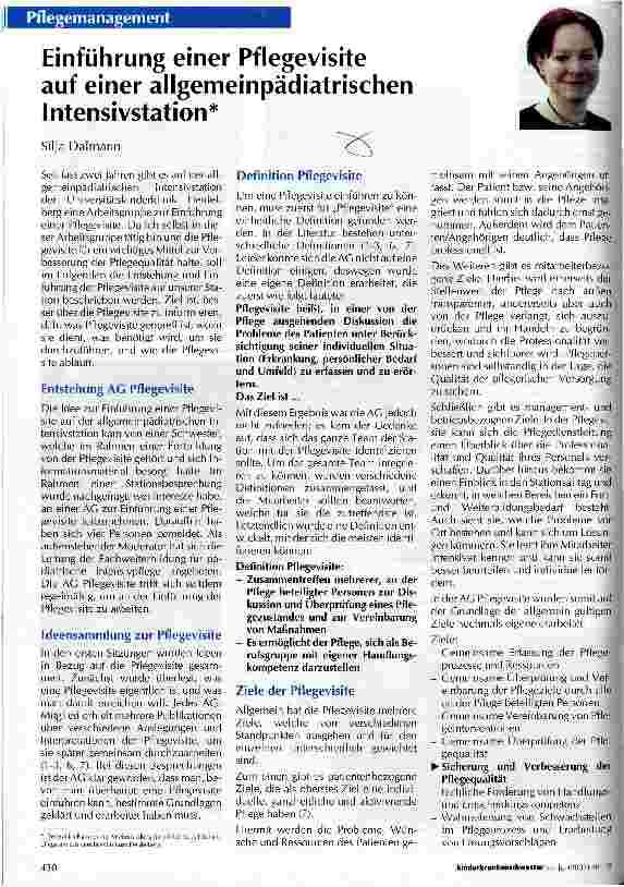 Vorschauseite 1: Einführung einer Pflegevisite auf einer allgemeinpädiatrischen Intensivstation