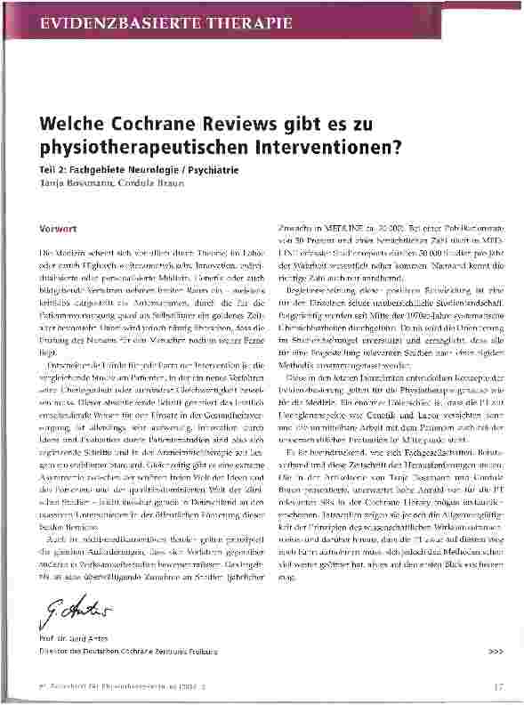 Vorschauseite 1: Welche Cochrane Reviews gibt es zu physiotherapeutischen Interventionen? Teil 2: Fachgebiete Neurologie / Psychiatrie