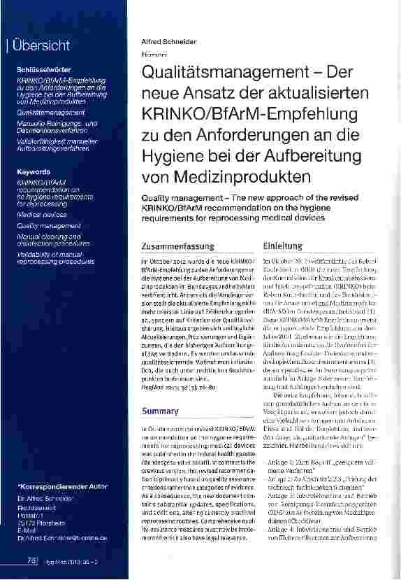 Vorschauseite 1: Qualitätsmanagement - Der neue Ansatz der aktualisierten KRINKO/BfArM-Empfehlung zu den Anforderungen an die Hygiene bei der Aufbereitung von Medizin Produkten