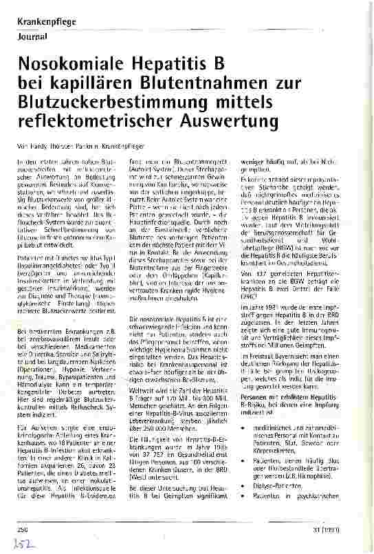 Vorschauseite 1: Nosokomiale Hepatitis B bei kapillären Blutentnahmen zur Blutzuckerbestimmung mittels reflektometrischer Auswertung