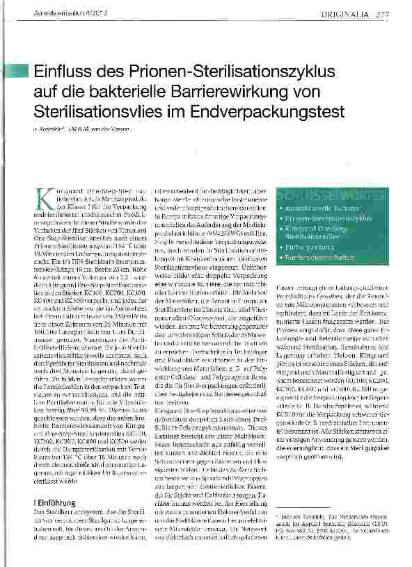 Vorschauseite 1: Einfluss des Prionen-Sterilisationszyklus auf die bakterielle Barrierewirkung von Sterilisationsvlies im Endverpackungstest