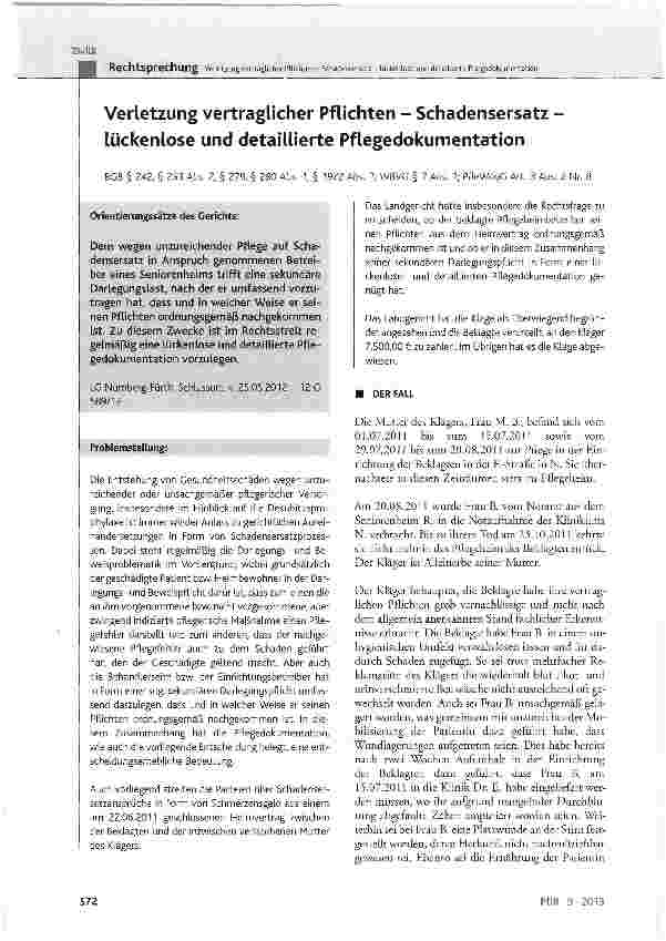 Vorschauseite 1: Verletzung vertraglicher Pflichten - Schadensersatz -lückenlose und detaillierte Pflegedokumentation
