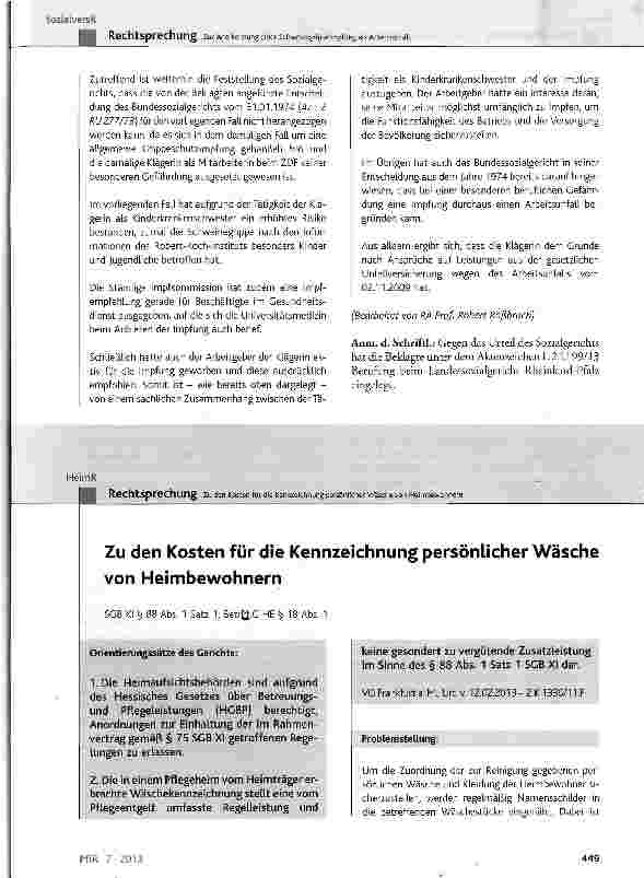 Vorschauseite 1: Zu den Kosten für die Kennzeichnung persönlicher Wäsche von Heimbewohnern SGB XI § 88 Abs. 1 Satz 1; BetrtflG HE § 18 Abs. 1