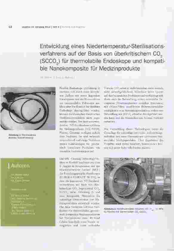 Vorschauseite 1: Entwicklung eines Niedertemperatur-Sterilisationsverfahrens auf der Basis von überkritischem CO^ (SCCO2) für thermolabile Endoskope und kompatible Nanokomposite für Medizinprodukte
