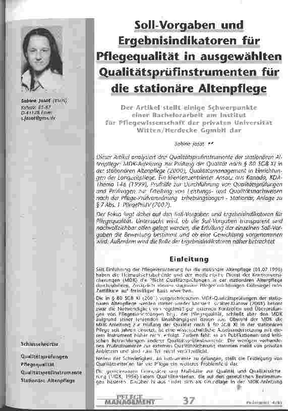 Vorschauseite 1: Soll-Vorgaben und Ergebnisindikatoren für Pflegequalität in ausgewählten Qualitätsprüfungsintrumenten für die stationäre Altenpflege