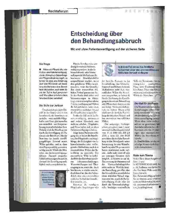 Vorschauseite 1: Entscheidung über den Behandlungsabbruch Mit und ohne Patientenverfügung auf der sicheren Seite