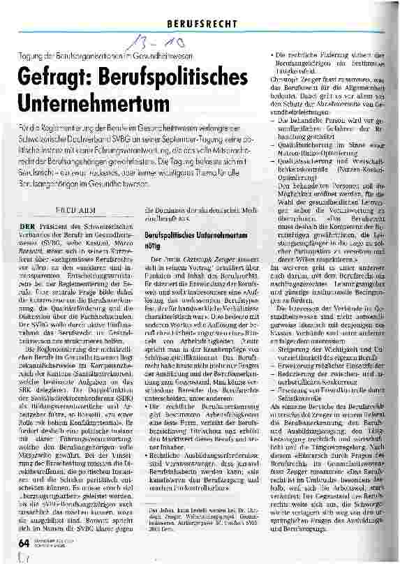 Vorschauseite 1: Gefragt: Berufspolitisches Unternehmertum Tagung der Berufsorganisationen im Gesundheitswesen