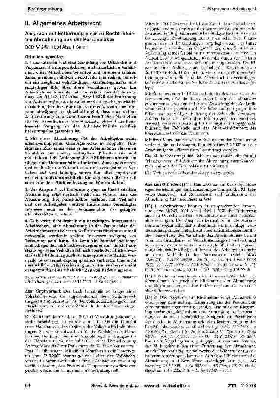 Vorschauseite 1: Anspruch auf Entfernung einer zu Recht erteilten Abmahnung aus der PersonalakteBGB §§242, 1004 Abs.1 Satz 1