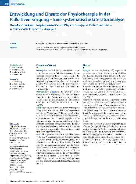 Vorschauseite 1: Entwicklung und Einsatz der Physiotherapie in der Palliativversorgung - Eine systematische Literaturanalyse