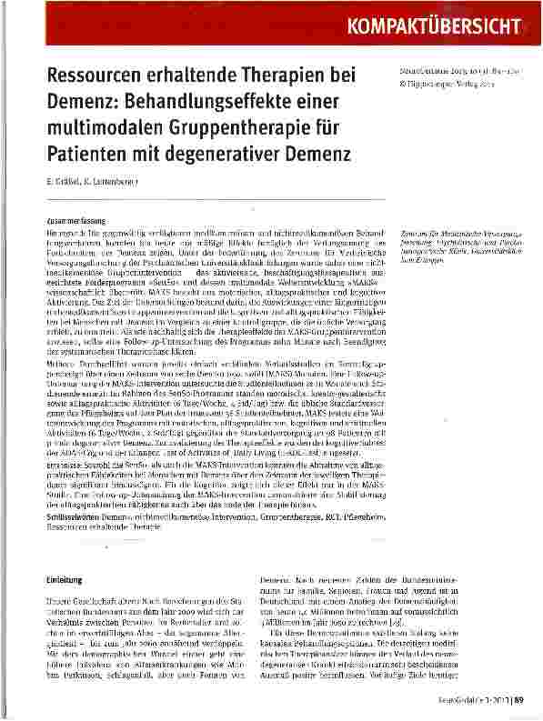 Vorschauseite 1: Ressourcen erhaltende Therapien bei Demenz: Behandlungseffekte einer multimodalen Gruppentherapie für Patienten mit degenerativer Demenz