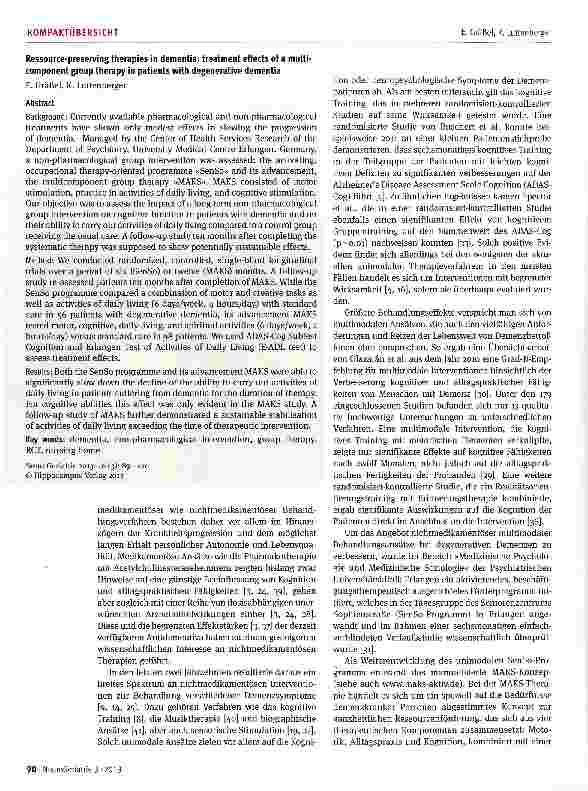 Vorschauseite 2: Ressourcen erhaltende Therapien bei Demenz: Behandlungseffekte einer multimodalen Gruppentherapie für Patienten mit degenerativer Demenz