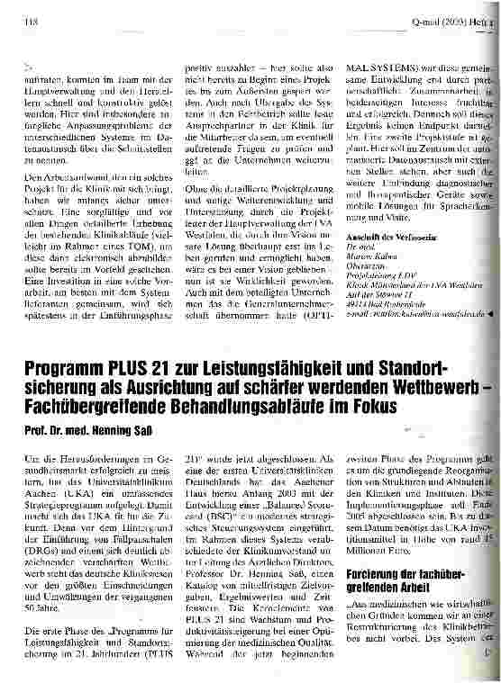 Vorschauseite 1: Programm PLUS 21 zur Leistungsfähigkeit und Standortsicherung als Ausrichtung auf schärfer werdenden Wettbewerb Fachübergreifende Behandlungsabläufe im Fokus