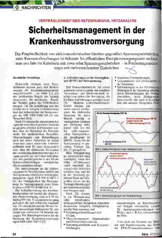 Vorschauseite 1: Sicherheitsmanagement in der Krankenhausstromversorgung Verträglichkeit der Netzspannung, Netzanalyse