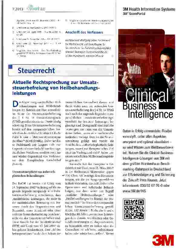 Vorschauseite 1: Aktuelle Rechtsprechung zur Umsatzsteuerbefreiung von Heilbehandlungsleistungen