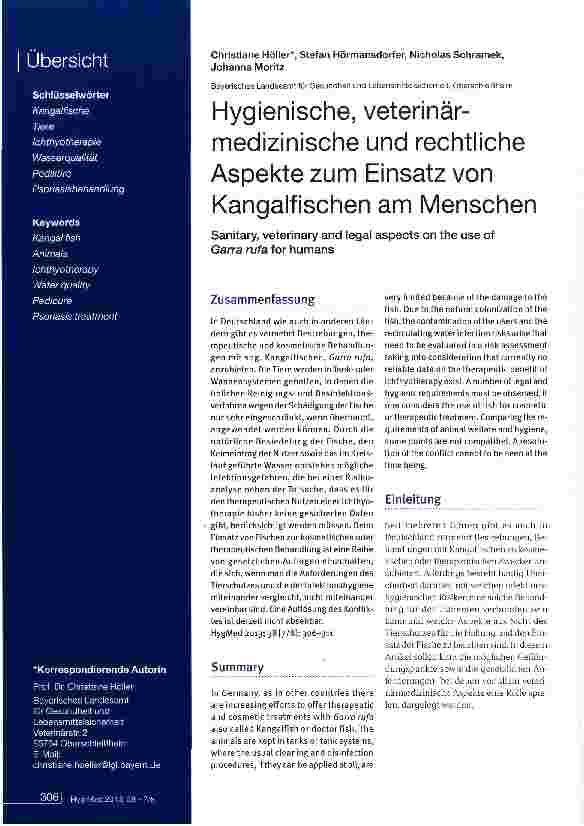 Vorschauseite 1: Hygienische, veterinärmedizinische und rechtliche Aspekte zum Einsatz von Kangalfischen am Menschen
