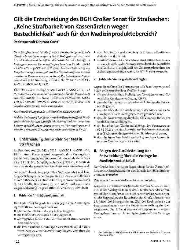 Vorschauseite 1: Gilt die Entscheidung des BGH Großer Senat für Strafsachen: „Keine Strafbarkeit von Kassenärzten wegen Bestechlichkeit auch für den Medizinproduktebereich?