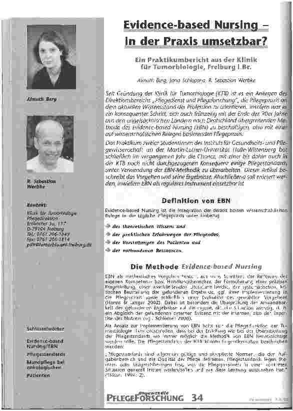 Vorschauseite 1: Evidence-based Nursing - in der Praxis umsetzbar? Ein Praktikumsbericht aus der Klinik für Tumorbiologie, Freiburg i. Br.