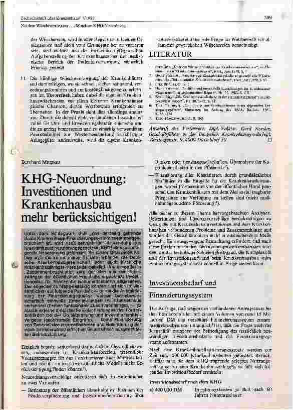 Vorschauseite 1: KHG - Neuordnung; Investitionen und Krankenhausbau mehr berücksichtigen