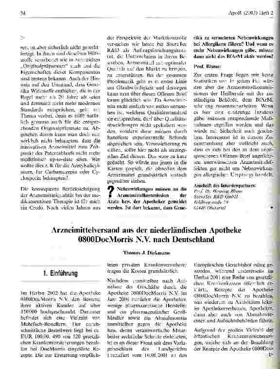 Vorschauseite 1: Arzneimittelversand aus der niederländischen Apotheke 0800DocMorris N.V.nach Deutschland