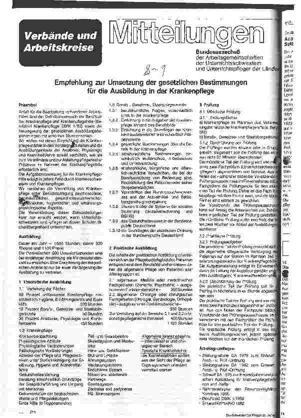 Vorschauseite 1: Empfehlung zur Umsetzung der gesetzlichen Bestimmungen für die Ausbildung in der Krankenpflege