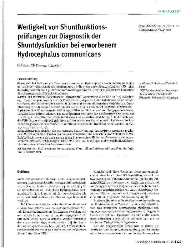 Vorschauseite 1: Wertigkeit von Shuntfunktions-prüfungen zur Diagnostik der Shuntdysfunktion bei erworbenem Hydrocephalus communicans