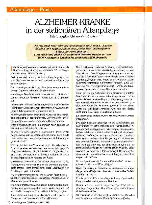 Vorschauseite 1: ALZHEIMER-KRANKE in der stationären Altenpflege- Erfahrungsbericht aus der Praxis -