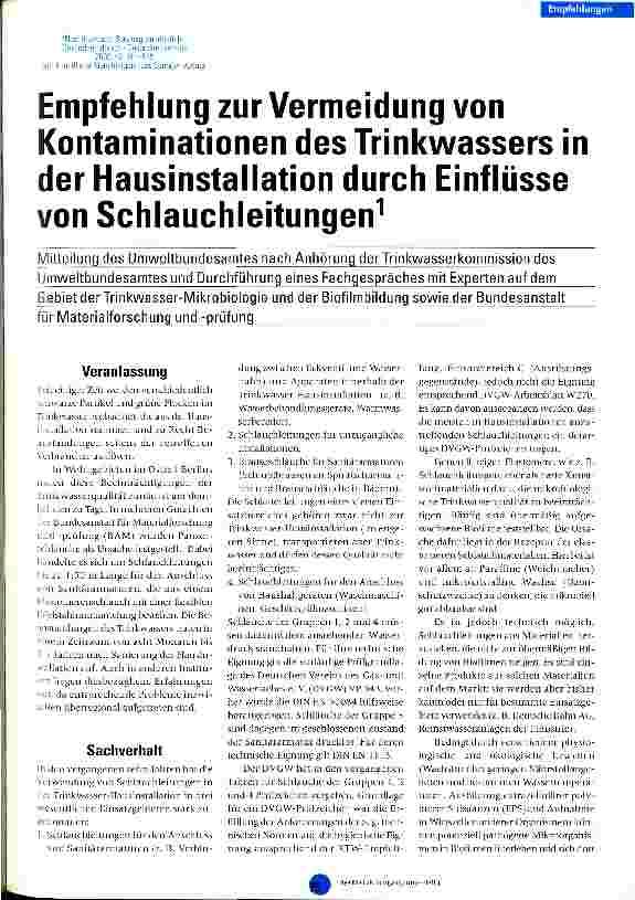 Vorschauseite 1: Empfehlung zur Vermeidung von Kontaminationen des Trinkwassers in der Hausinstallation durch Einflüsse von Schlauchleitungen