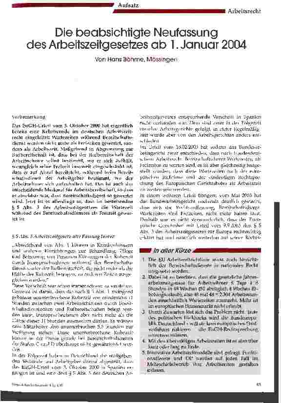 Vorschauseite 1: Die beabsichtigte Neufassung des Arbeitszeitgesetzes am 1. Januar 2004